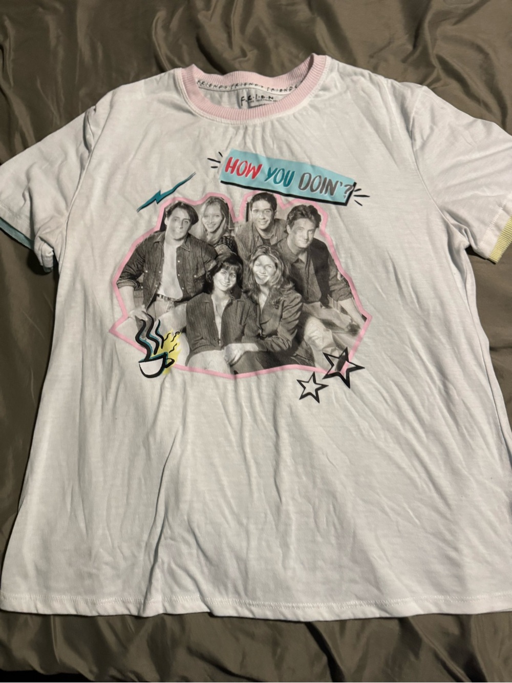 Graphic women’s friends shirt- White with Pink & Blue Accents Sz s